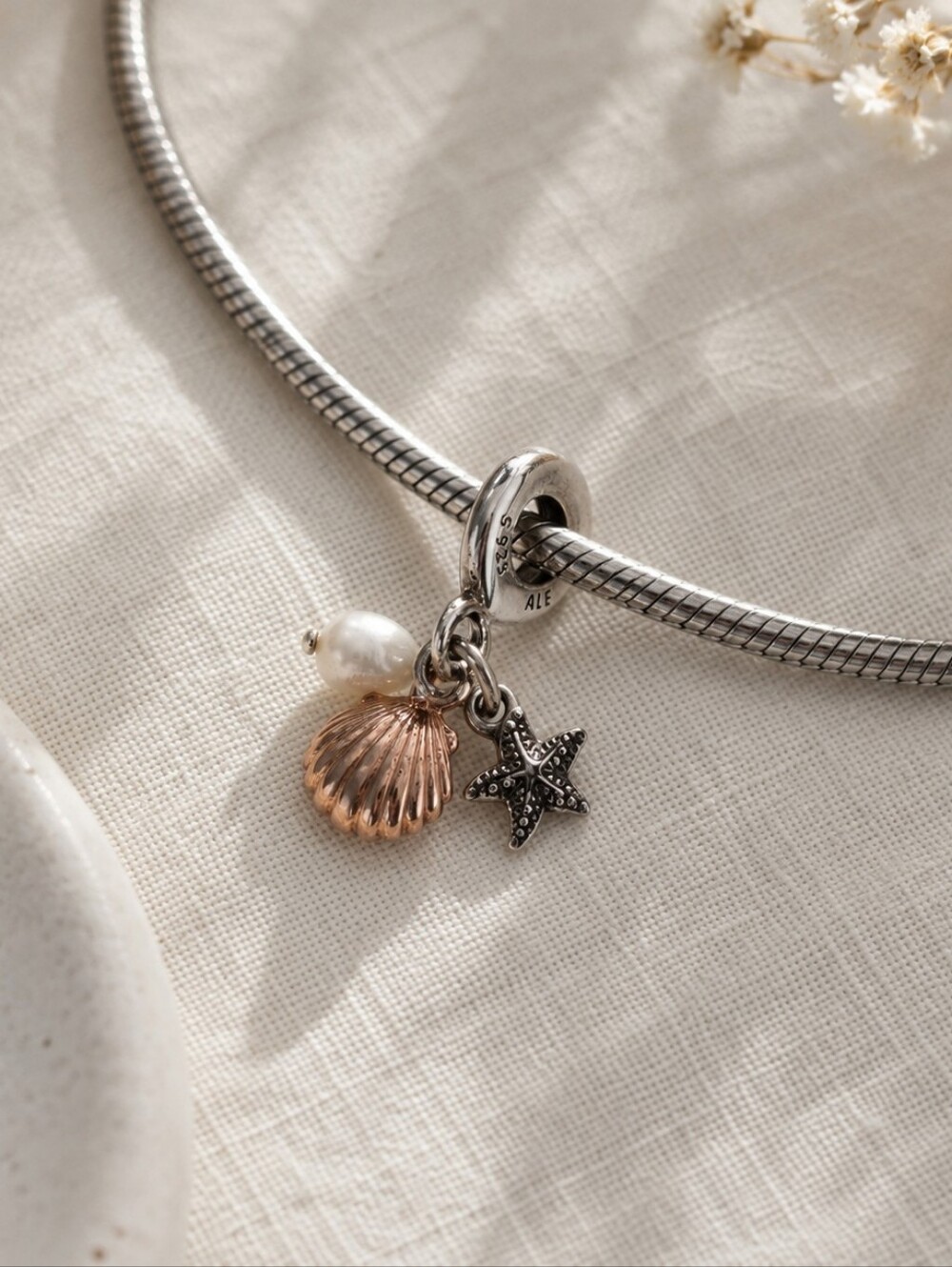 Pandora Freshwater Pearl Starfish & Rose Gold Seashell Triple Dangle Charm